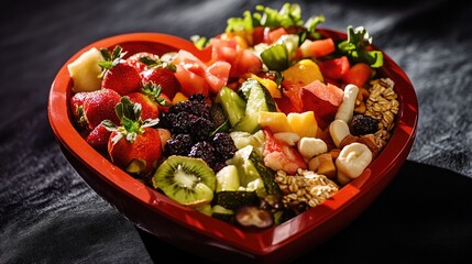 Poster - Fresh fruit and nuts arranged in a heart-shaped bowl, perfect for snacking or serving at a party