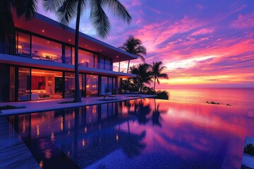 Poster - A large swimming pool situated next to a sunny beach, surrounded by palm trees