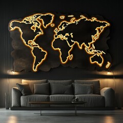 Poster - A cozy living room with a couch and a map on the wall, ideal for planning trips or relaxing at home