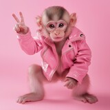 A cute monkey wearing a pink leather jacket and making a peace sign gesture, set against a vibrant pink background, creating a fun and quirky scene.