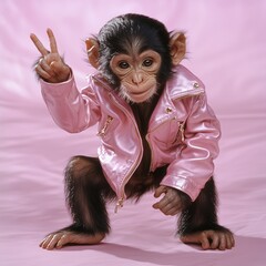 Wall Mural - a cute monkey wearing a pink leather jacket and making a peace sign gesture, set against a vibrant p