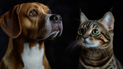 Poster - A curious dog and cat standing nose-to-nose, frozen in a moment of tension