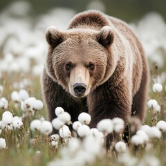 Poster - A brown bear walks through a field of white flowers
