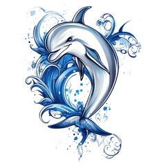 Poster - A dolphin leaping out of the ocean, splashing and playing in the waves