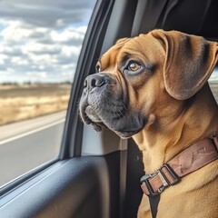 Poster - A dog looking out the window of a car, suitable for travel or commuting themes