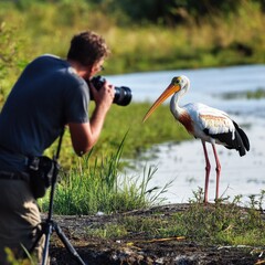 Aufkleber - A person capturing the moment with a camera, photographing a bird in its natural habitat