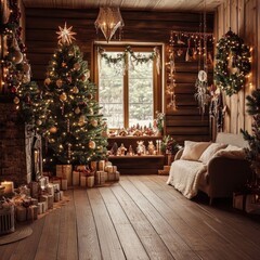 Aufkleber - A cozy living room filled with Christmas decorations and a Christmas tree, perfect for holiday celebrations