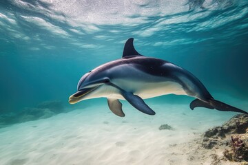 Poster - A dolphin swims in the ocean with its mouth open, showcasing its natural behavior