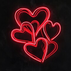 Poster - A group of bright red neon hearts against a dark black background
