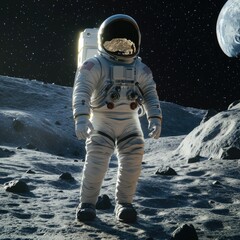 Aufkleber - An astronaut stands on the lunar surface with a flag in the background