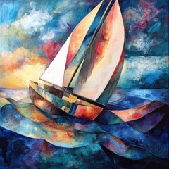 Poster - A sailboat sailing in the open ocean with clear blue water and white clouds