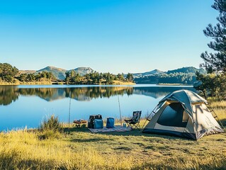 outdoor adventure camping tent with lake view