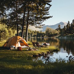 forest camping tent with fishing gear by lake