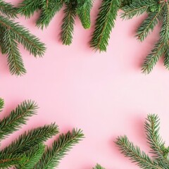 Poster - Pine branches on a pink background with copyspace