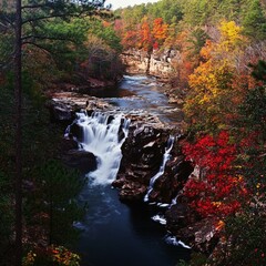 Wall Mural - A serene waterfall surrounded by trees and foliage