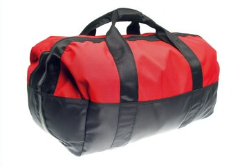 Poster - A close-up view of a red and black duffel bag sitting on a white surface