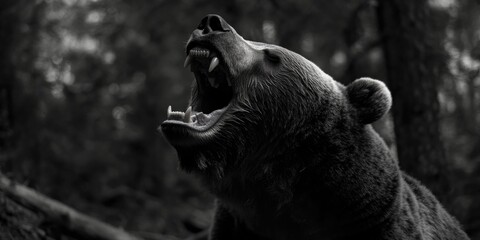 Poster - A close-up shot of a bear with its mouth open, in a black and white photo