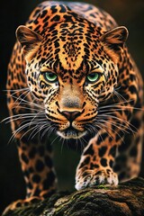 Poster - Close-up shot of a leopard sitting on a rock, with natural habitat in the background
