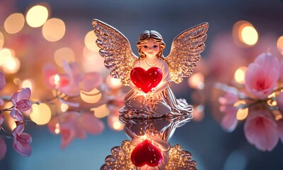 Wall Mural - shimmering glass angel figurine holding a tiny red heart, placed on a mirrored surface surrounded by