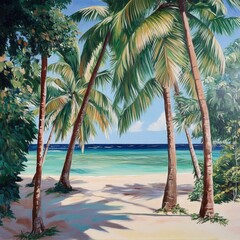 Poster - Coconut palms on sandy beach with clear blue water and sun shining down