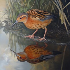 Poster - A bird standing in calm water with reflections