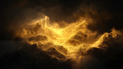 Wall Mural - golden light smoke art on black background, symbolizes magic and mystery with glowing atmosphere.