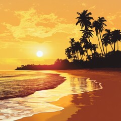 Poster - A serene scene of a beach at sunset with palm trees, perfect for a vacation or travel image