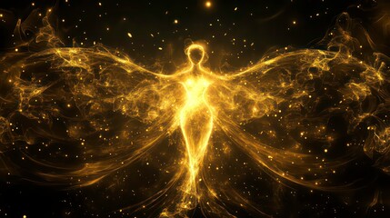 Wall Mural - golden light smoke art on black background, symbolizes magic and mystery with glowing atmosphere.