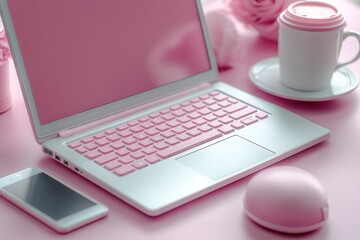 Poster - A person's workspace with a laptop, cup of coffee and possibly notes or papers