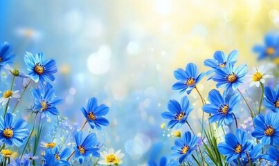 Wall Mural - Beautiful wild flowers on bokeh background. Toning design spring flowers. Landscape wide format, cool blue tones. Image of beauty of nature.