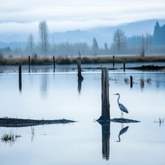 Aufkleber - A bird stands alone on the calm surface of a lake, surrounded by serene nature