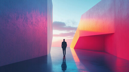 Poster - Vibrant digital design with abstract architecture at dusk. Generative AI