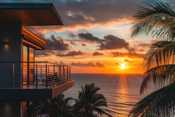Poster - A beautiful view of the ocean at sunset from a cozy balcony