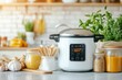 © okfoto - Modern digital pressure cooker is sitting on kitchen counter with display showing time, surrounded by various spices and herbs, creating a cozy and convenient cooking space