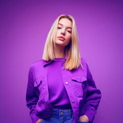 Aufkleber - A woman wearing a purple jacket and jeans poses for a photo shoot