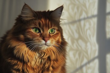 Poster - A domestic cat with striking green eyes sits calmly in front of a window, possibly gazing outside