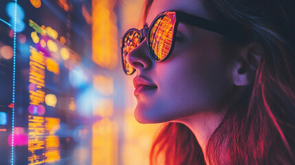 Poster - Woman in sunglasses gazing at digital neon displays in urban setting. Generative AI