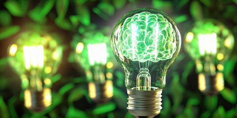 Aufkleber - Bright light bulb with brain design amidst glowing bulbs