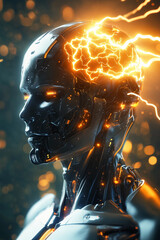 Poster - Future robot with glowing brain and electric sparks