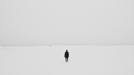 Wall Mural - solitary figure in a vast, snow-covered landscape under a gray sky.