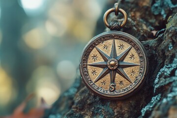 Poster - A close-up view of a compass stuck in a tree trunk, possibly used for navigation or decoration