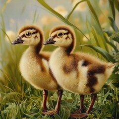 Wall Mural - Two little ducks standing on green grass, a peaceful scene