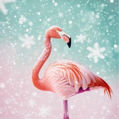 Poster - A pink flamingo standing in the snow