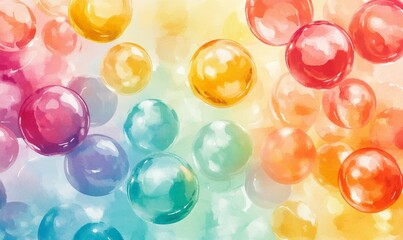 Wall Mural - Bright, shiny balls floating in a vibrant watercolor background.