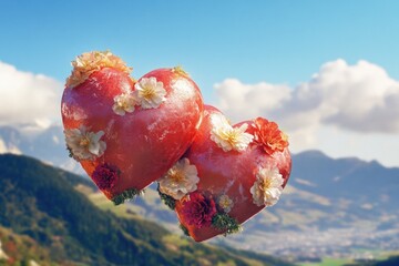 Aufkleber - Couple's love symbolized by two red hearts floating among flowers, suitable for Valentine's Day or romantic occasion