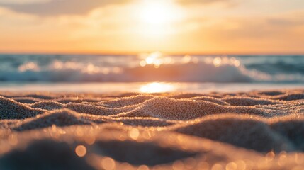 Poster - A serene image of a sunset over a calm ocean, with people relaxing on the beach in the background
