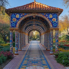 Poster - A vibrant and ornate archway in a park setting with a clock tower visible in the background