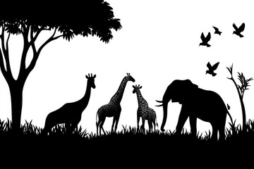 Poster - A group of giraffes and elephants grazing together in a lush green field