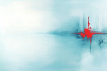 Poster - Abstract painting with a soft blue background and a vivid red focal point, evoking a sense of calmness and intensity.