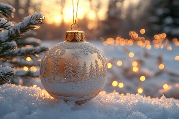 Poster - A Christmas ornament sitting on snow-covered ground